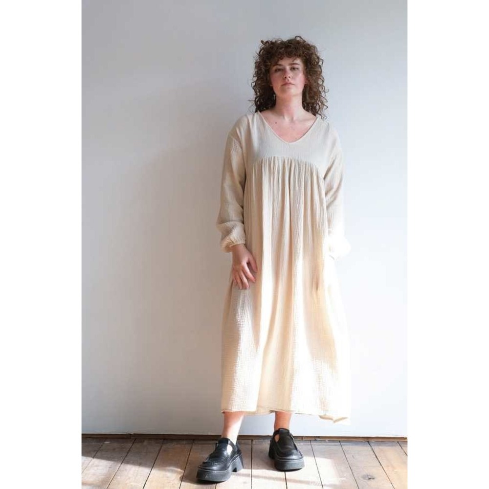 The Simple Folk Women Small Tan Organic Cotton Gauze V-Neck Midi Dress